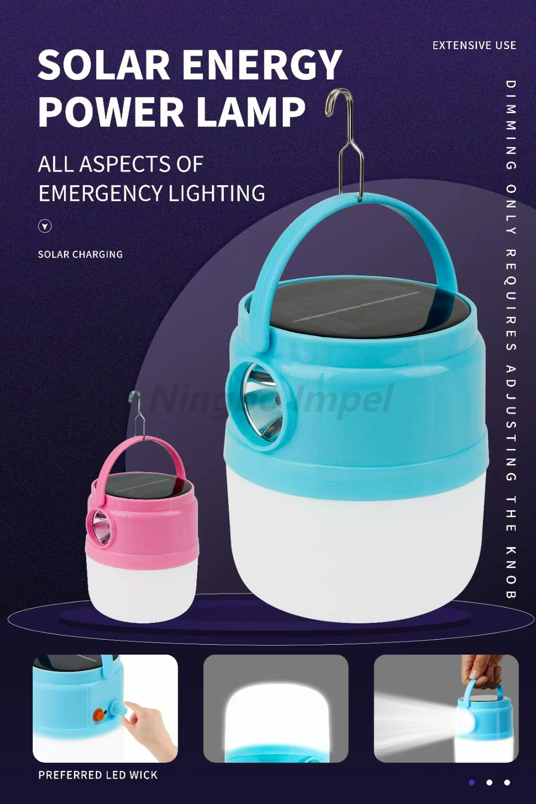 Luz LED de emergencia de energía solar regulable para campamento nocturno